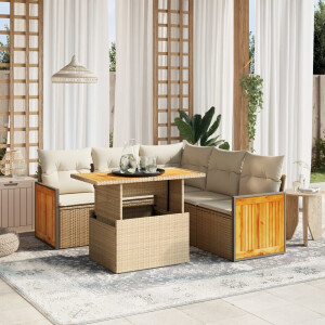 vidaXL 6-delige Loungeset met kussens poly rattan beige