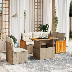 vidaXL 6-delige Loungeset met kussens poly rattan beige