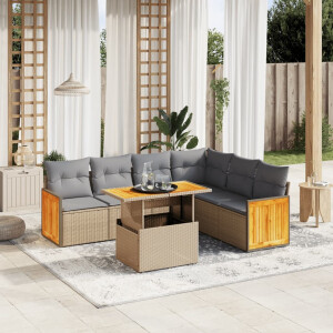 vidaXL 7-delige Loungeset met kussens poly rattan beige