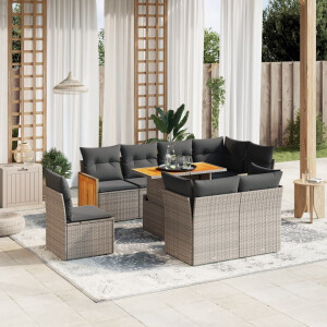 vidaXL 9-delige Loungeset met kussens poly rattan grijs