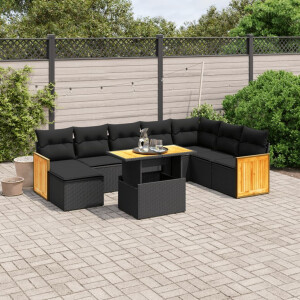 vidaXL 9-delige Loungeset met kussens poly rattan zwart
