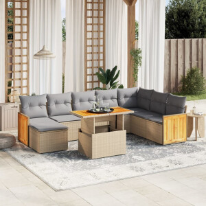 vidaXL 9-delige Loungeset met kussens poly rattan beige