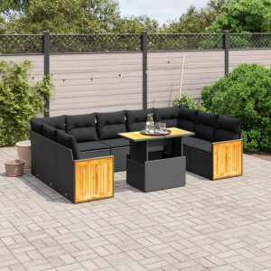 vidaXL 10-delige Loungeset met kussens poly rattan zwart