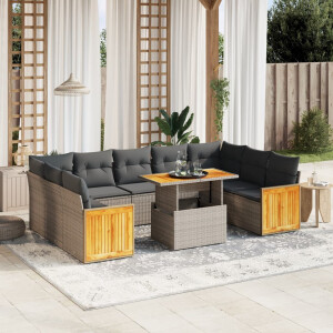 vidaXL 10-delige Loungeset met kussens poly rattan grijs
