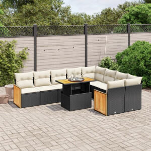 vidaXL 10-delige Loungeset met kussens poly rattan zwart