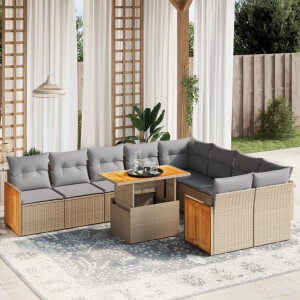 vidaXL 10-delige Loungeset met kussens poly rattan beige