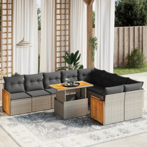 vidaXL 10-delige Loungeset met kussens poly rattan grijs