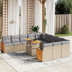 vidaXL 11-delige Tuinset met kussens poly rattan beige