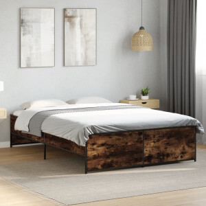vidaXL Bedframe bewerkt hout metaal gerookt eikenkleurig 135x190 cm