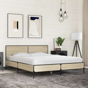 vidaXL Bedframe bewerkt hout metaal sonoma eikenkleurig 150x200 cm