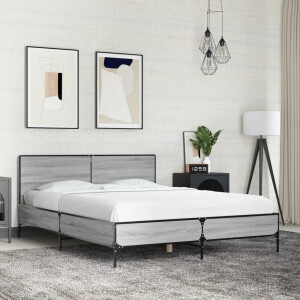 vidaXL Bedframe bewerkt hout metaal grijs sonoma eiken 135x190 cm