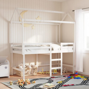 vidaXL Halfhoogslaper met ladder en bedhuis grenenhout wit 90x190 cm