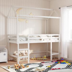 vidaXL Halfhoogslaper met ladder en bedhuis grenenhout wit 90x190 cm