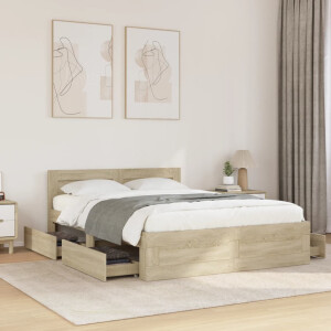 vidaXL Bedframe met hoofdeinde bewerkt hout sonoma eiken 135x190 cm