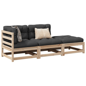 vidaXL 3-delige Loungeset met kussens massief grenenhout