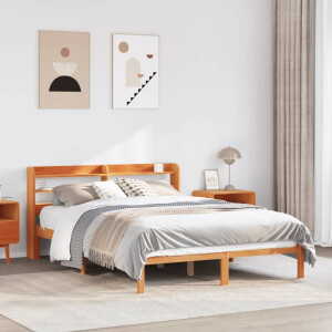 vidaXL Bedframe met hoofdbord massief grenenhout wasbruin 135x190 cm