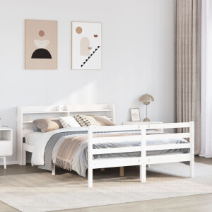vidaXL Bedframe met hoofdbord massief grenenhout wit 135x190 cm