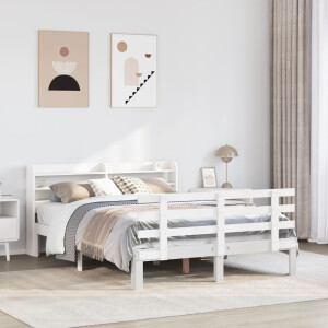 vidaXL Bedframe met hoofdbord massief grenenhout wit 135x190 cm