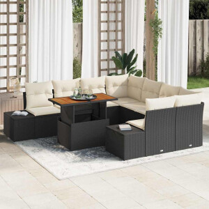 vidaXL Tuin Eetset met kussen 9 pcs Zwart en Crème