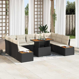 vidaXL Tuin Eetset met kussen 10 pcs Zwart en Beige