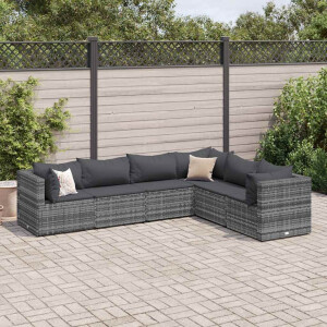 vidaXL 6-delige Loungeset met kussens poly rattan grijs
