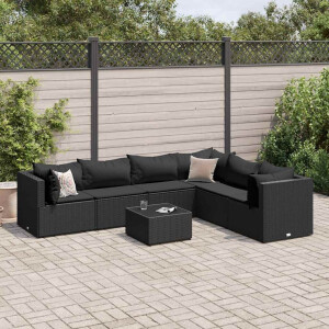 vidaXL 7-delige Loungeset met kussens poly rattan zwart