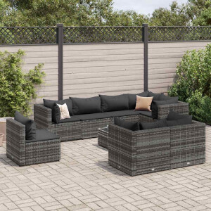 vidaXL 9-delige Loungeset met kussens poly rattan grijs