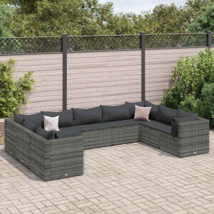 vidaXL 9-delige Loungeset met kussens poly rattan grijs
