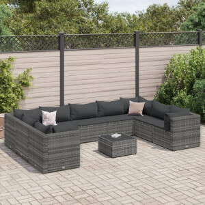 vidaXL 10-delige Loungeset met kussens poly rattan grijs