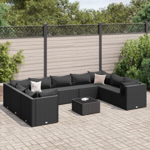 vidaXL 10-delige Loungeset met kussens poly rattan zwart