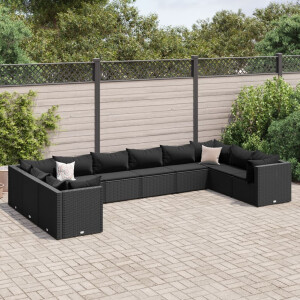 vidaXL 10-delige Loungeset met kussens poly rattan zwart