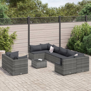 vidaXL 10-delige Loungeset met kussens poly rattan grijs