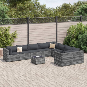 vidaXL 10-delige Loungeset met kussens poly rattan grijs