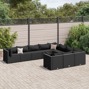 vidaXL 10-delige Loungeset met kussens poly rattan zwart