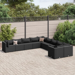 vidaXL 10-delige Loungeset met kussens poly rattan zwart