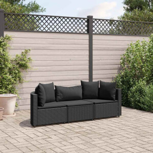 vidaXL 3-delige Loungeset met kussens poly rattan zwart