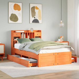 vidaXL Bed met boekenkast zonder matras grenenhout wasbruin 135x190 cm