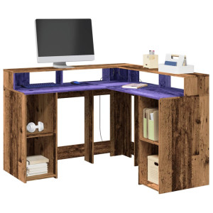 vidaXL Bureau met LED-verlichting 130x130x91 cm bewerkt hout oud hout