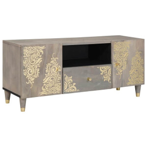 vidaXL TV-kast Grijs en Goud 105 x 33.5 x 46 cm Massief mangohout