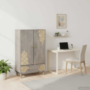 vidaXL Hoge kast Grijs en Goud 60 x 33 x 100 cm Massief Mango Hout