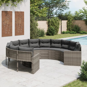 vidaXL Tuinbank met kussens rond poly rattan grijs