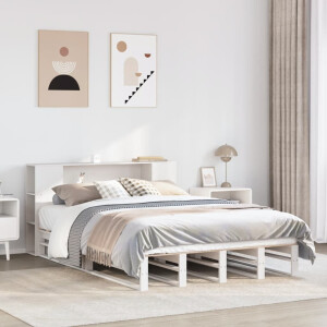 vidaXL Bed met boekenkast zonder matras massief hout wit 135x190 cm