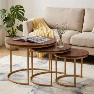 vidaXL Nest Koffietafels 3 pcs Donkerbruin Massief mangohout en staal