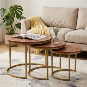 vidaXL Nest Koffietafels 3 pcs Honingbruin Massief mangohout en staal