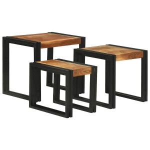 vidaXL Nesttafel 3 pcs Bruin en zwart Massief acaciahout en metaal