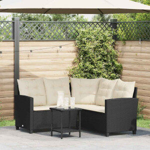 vidaXL Tuinbank met tafel en kussens L-vormig zwart polyrotan
