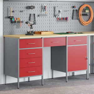 vidaXL Werk kast met lade met slot 3 pcs Rood Engineered hout en staal