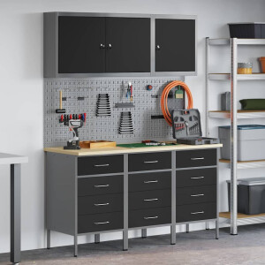 vidaXL Werk kast met lade 8 pcs Zwart Engineered hout en staal
