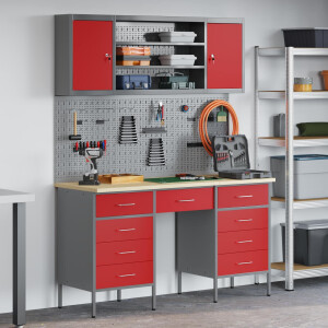 vidaXL Werk kast met lade met slot 8 pcs Rood Engineered hout en staal