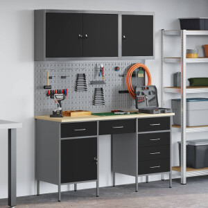 vidaXL Werk kast met lade 8 pcs Zwart Engineered hout en staal